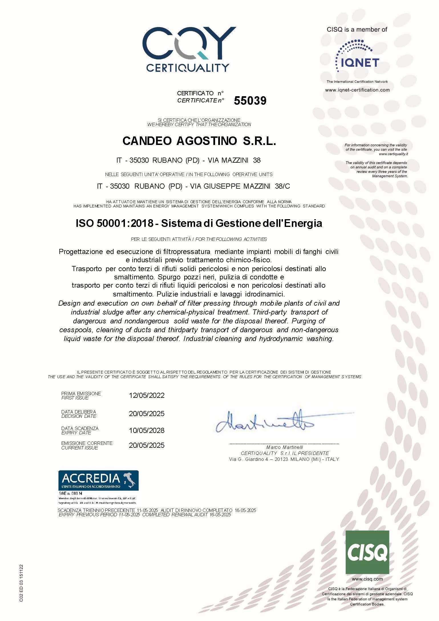 Certificato CQY, rilasciato a Candeo Agostino SRL con informazioni sulla certificazione e loghi.