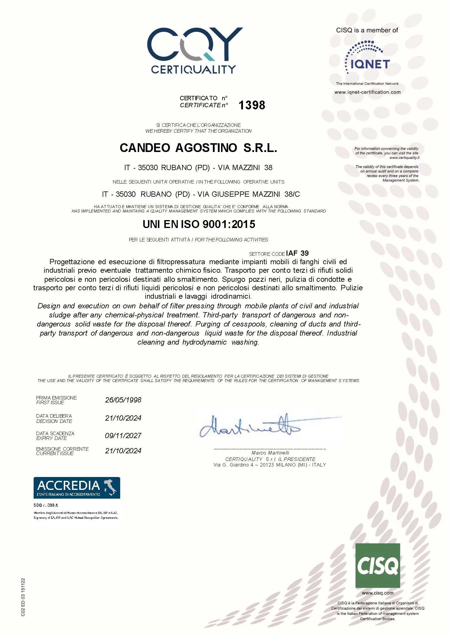 Certificato CQY, datato 1996, per Candico Agostino SRL, con loghi blu e verde.
