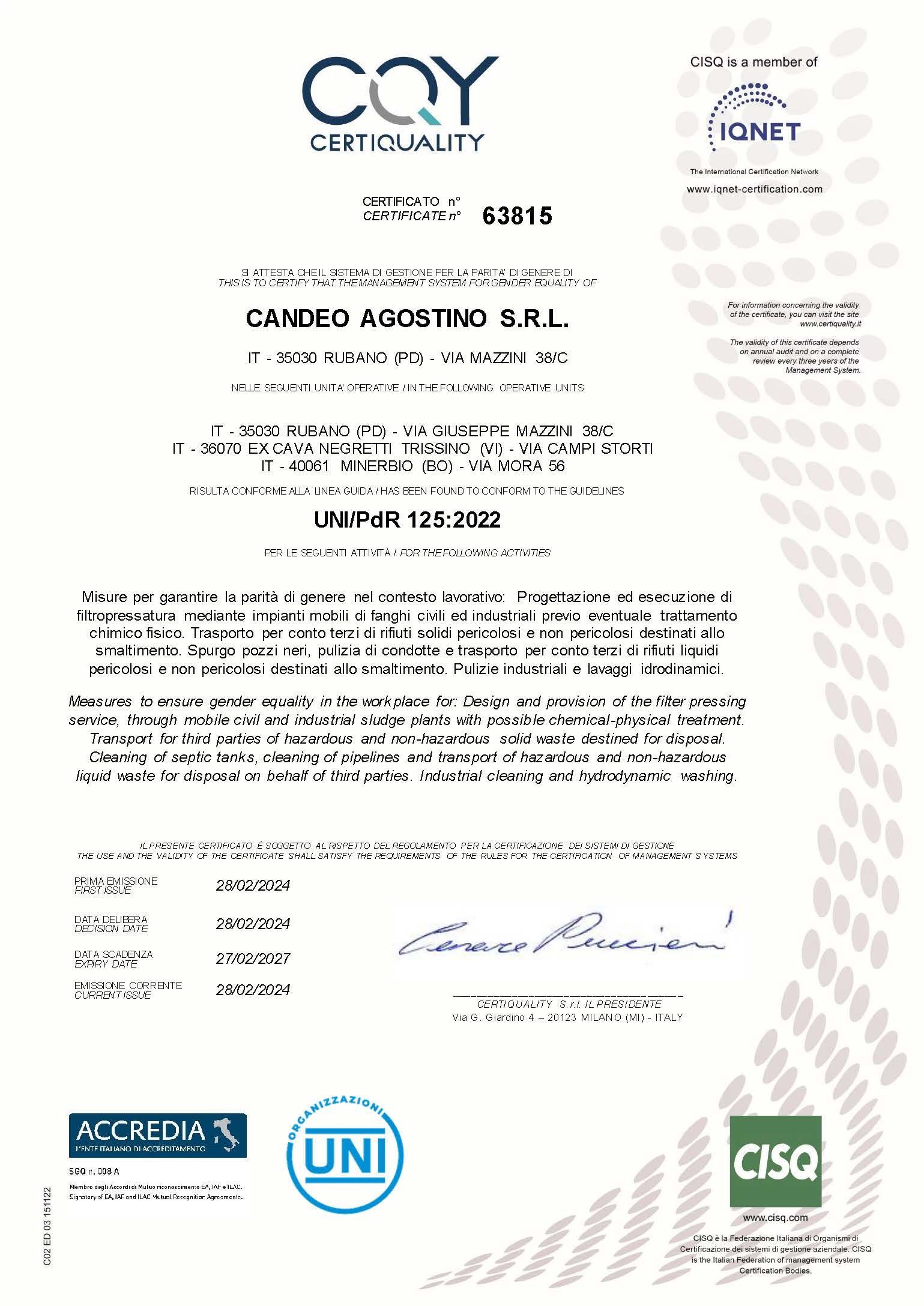 Documento di certificazione con ragione sociale Zanco Agostino, marchi di qualità e firme.
