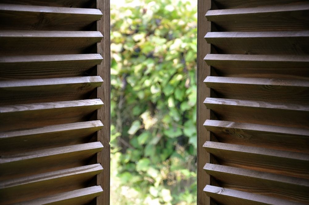 A Window With Wooden Shutters is Open to a Lush Green Forests — Curtain Force NQ in Garbutt, QLD