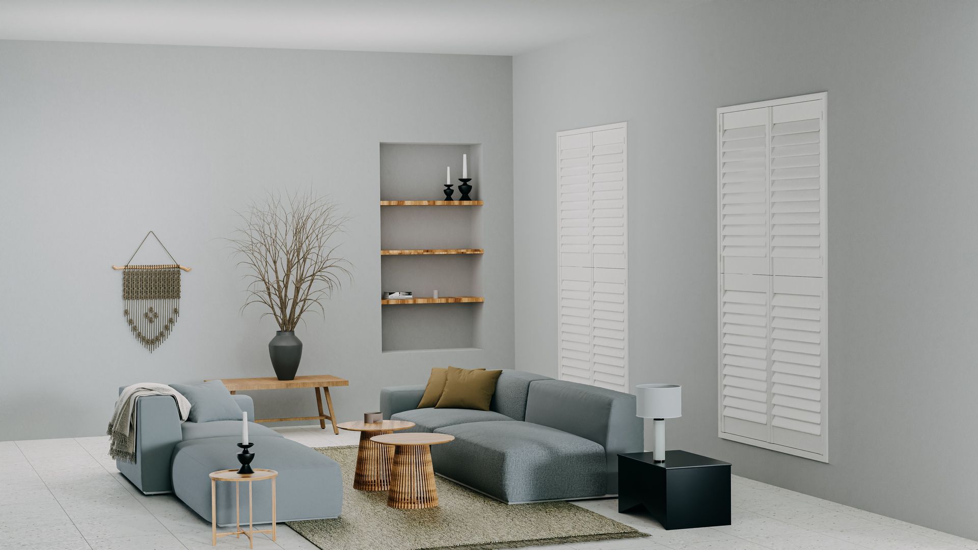 A Living Room With a Couch, Chair, Table and Shutters on the Windows — Curtain Force NQ in Garbutt, QLD