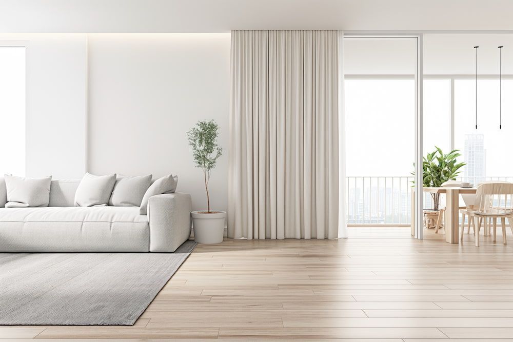 A Living Room With a White Couch, Rug, Table and Chairs — Curtain Force NQ in Garbutt, QLD