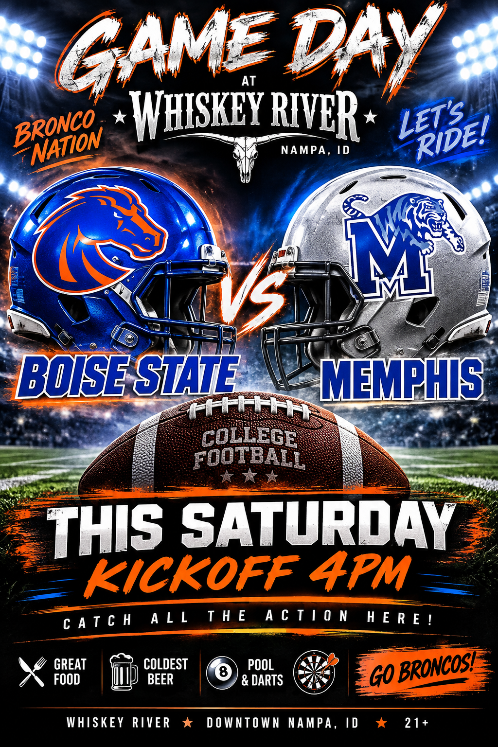 Boise State vs Memphis game day poster with helmets, “This Saturday,” kickoff 4 PM at Albertsons Stadium