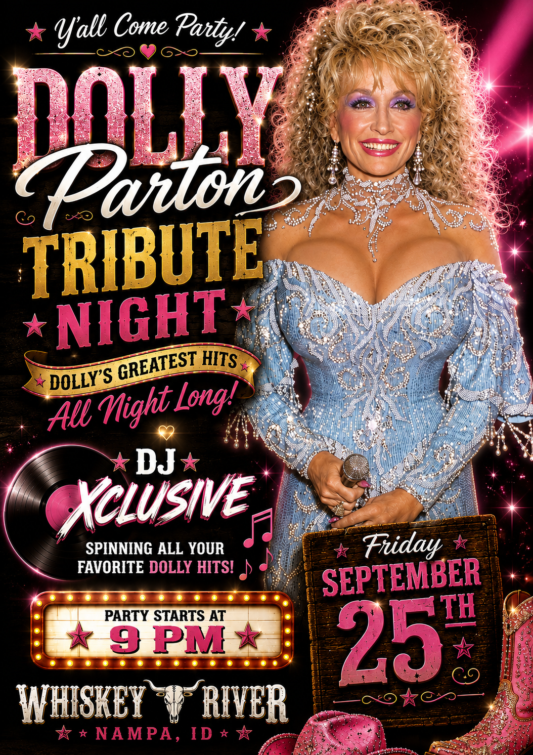 Dolly Parton tribute night poster with a sparkly performer, DJ set, Friday Sept. 25 at Whiskey River Lounge.
