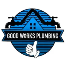 Logo for Good Works Plumbing with blue and white colors, thumbs up, and plumbing elements.
