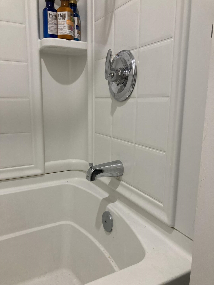 White bathtub with faucet, showerhead, and control handle against white tiled walls.