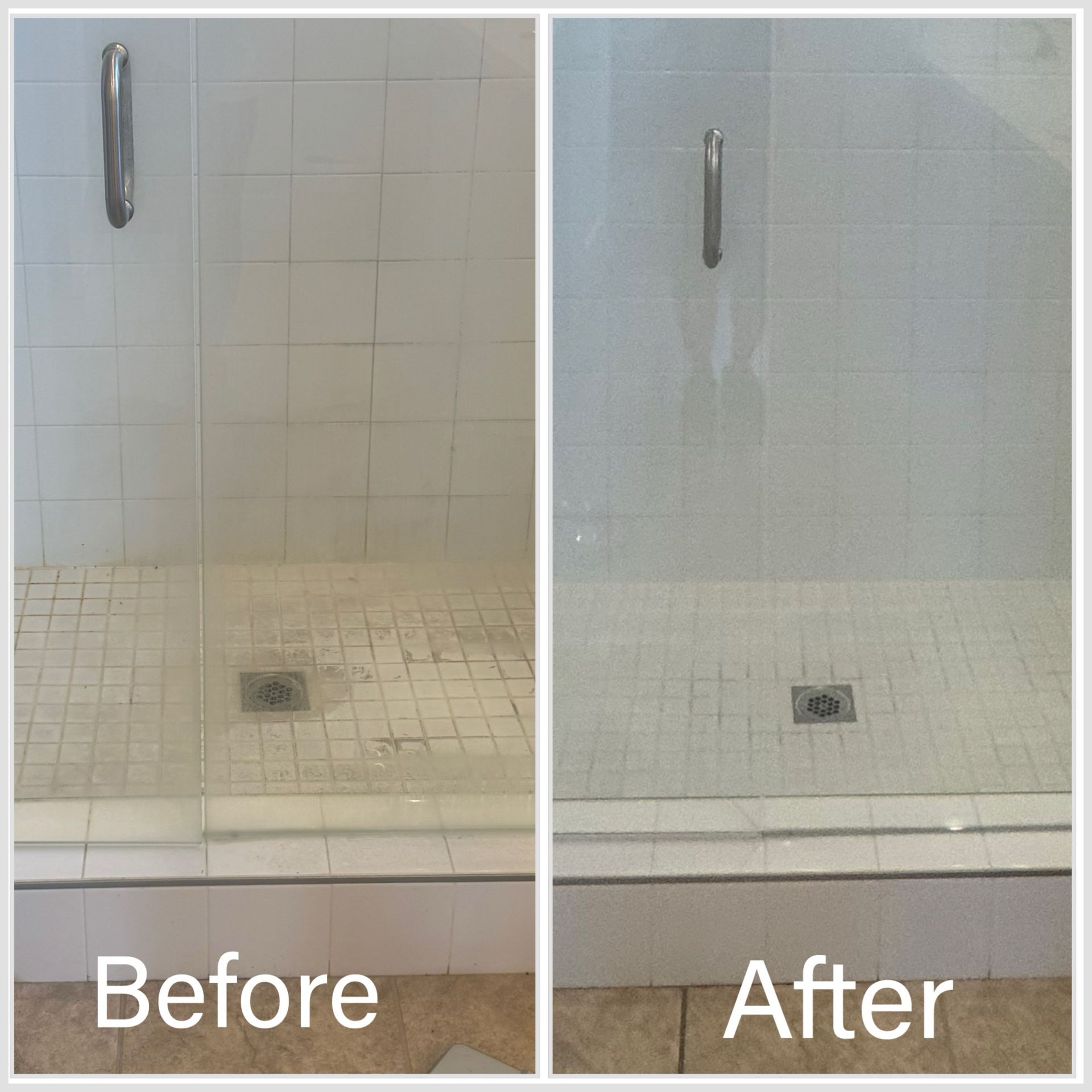 Before-and-after view of a shower stall; stained tiles before cleaning, clean tiles after cleaning.