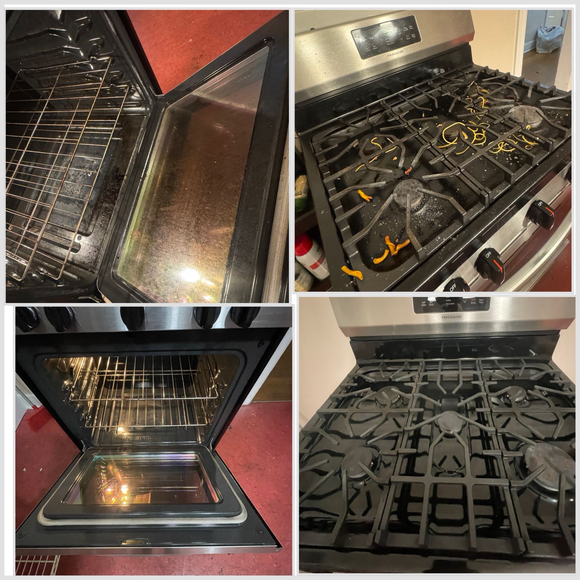 A dirty oven and stovetop, then cleaned. Open oven shows interior, gas burners spotless after cleaning.