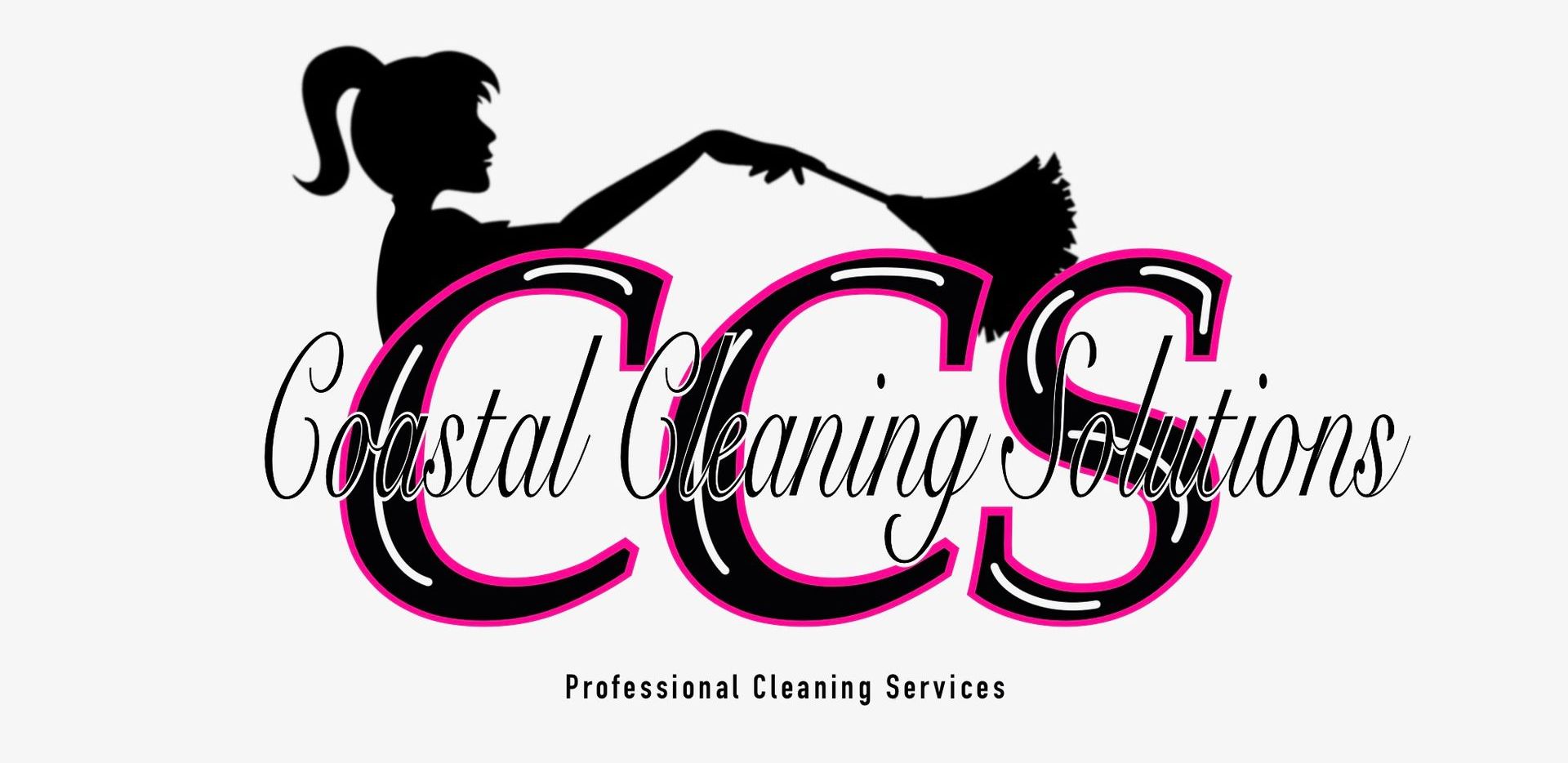 Coastal Cleaning Solutions logo, with a woman cleaning the letter "S" with a duster. Text: CCS, "Coastal Cleaning Solutions".
