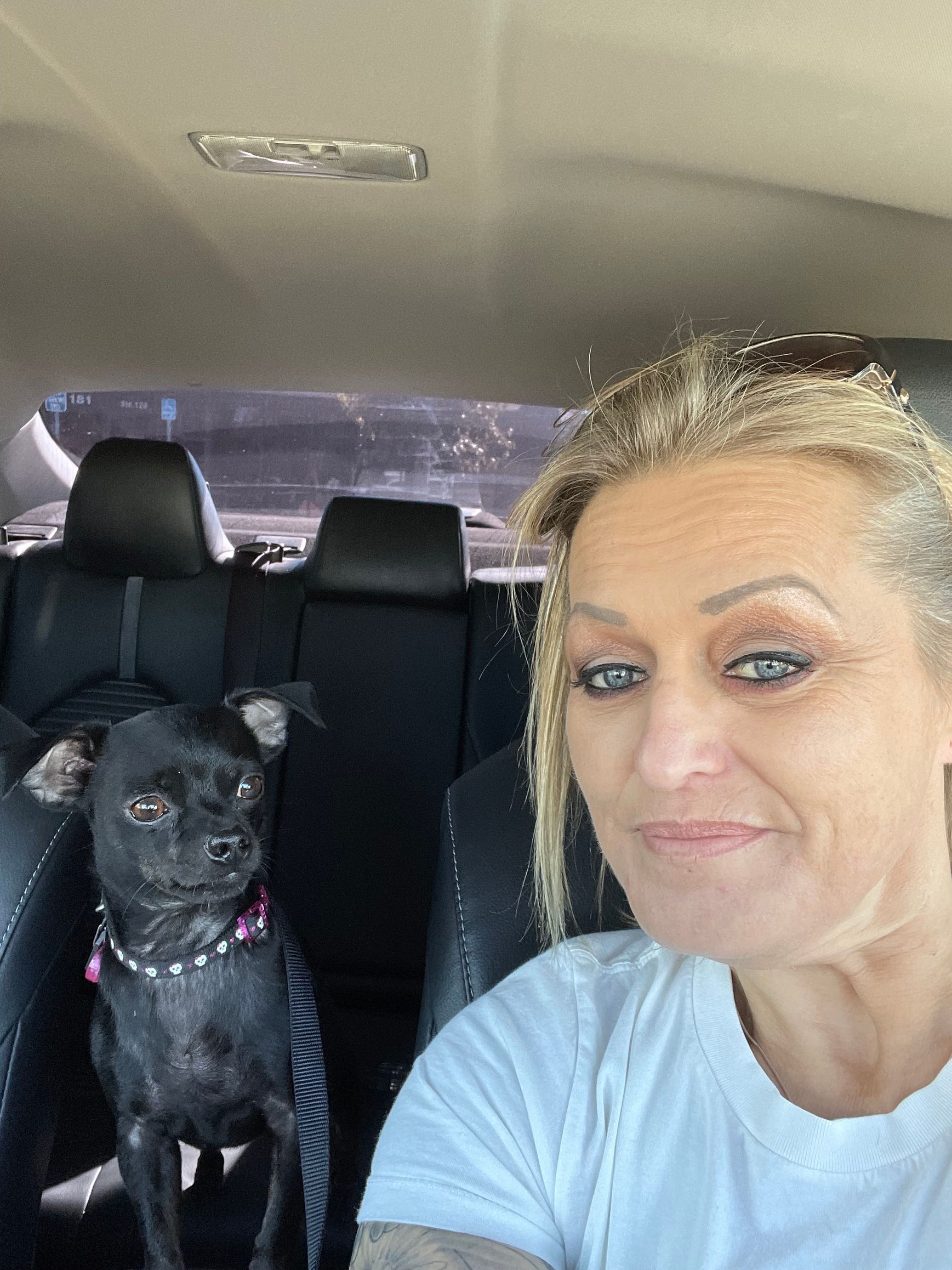A woman is sitting in a car with a black dog in the back seat.