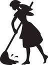 A silhouette of a woman sweeping the floor with a mop.