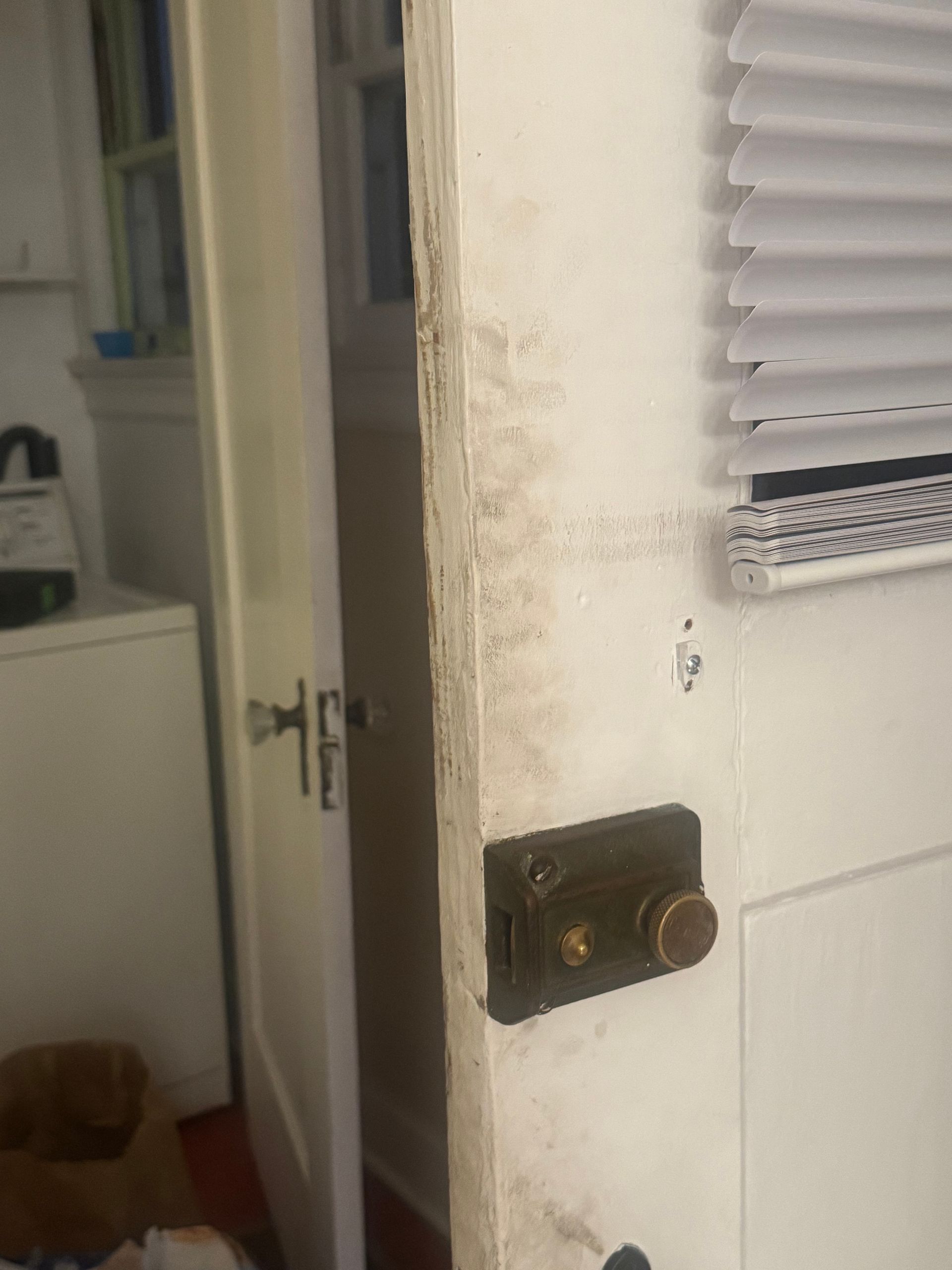 White door with a rusty lock and visible mold along the edge.