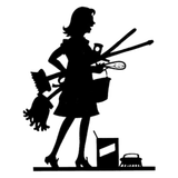 A black and white silhouette of a woman holding cleaning supplies.