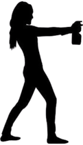 A silhouette of a woman holding a bottle in her hand.
