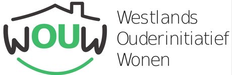 Het logo van Westlands Woudinitiativitieit Wonen in zwart, grijs en groen met een huisomtrek en een gestileerd blad.