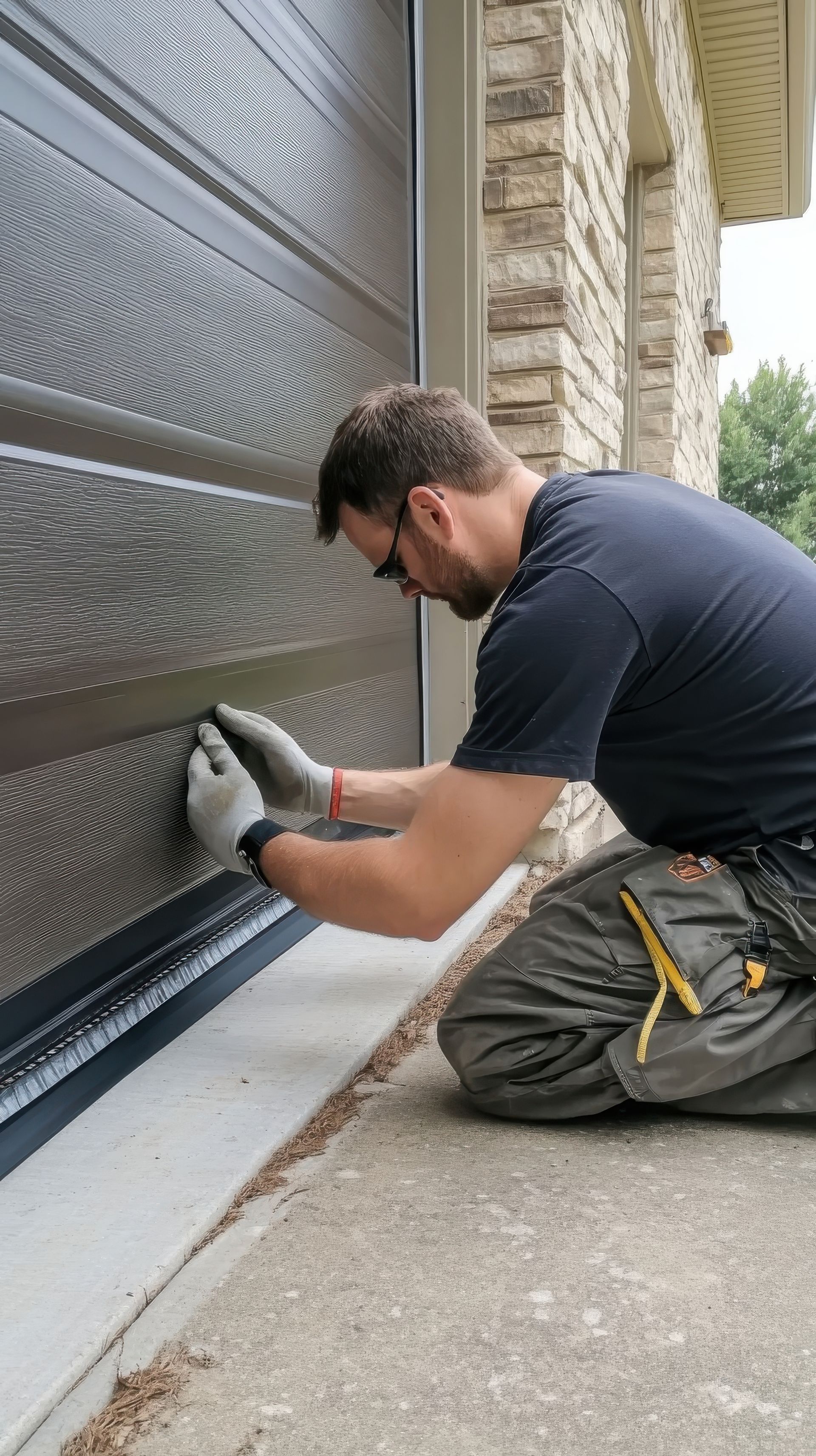 Worker kneeling and sealing the bottom edge of a garage door with caulk, wearing gloves and tool belt