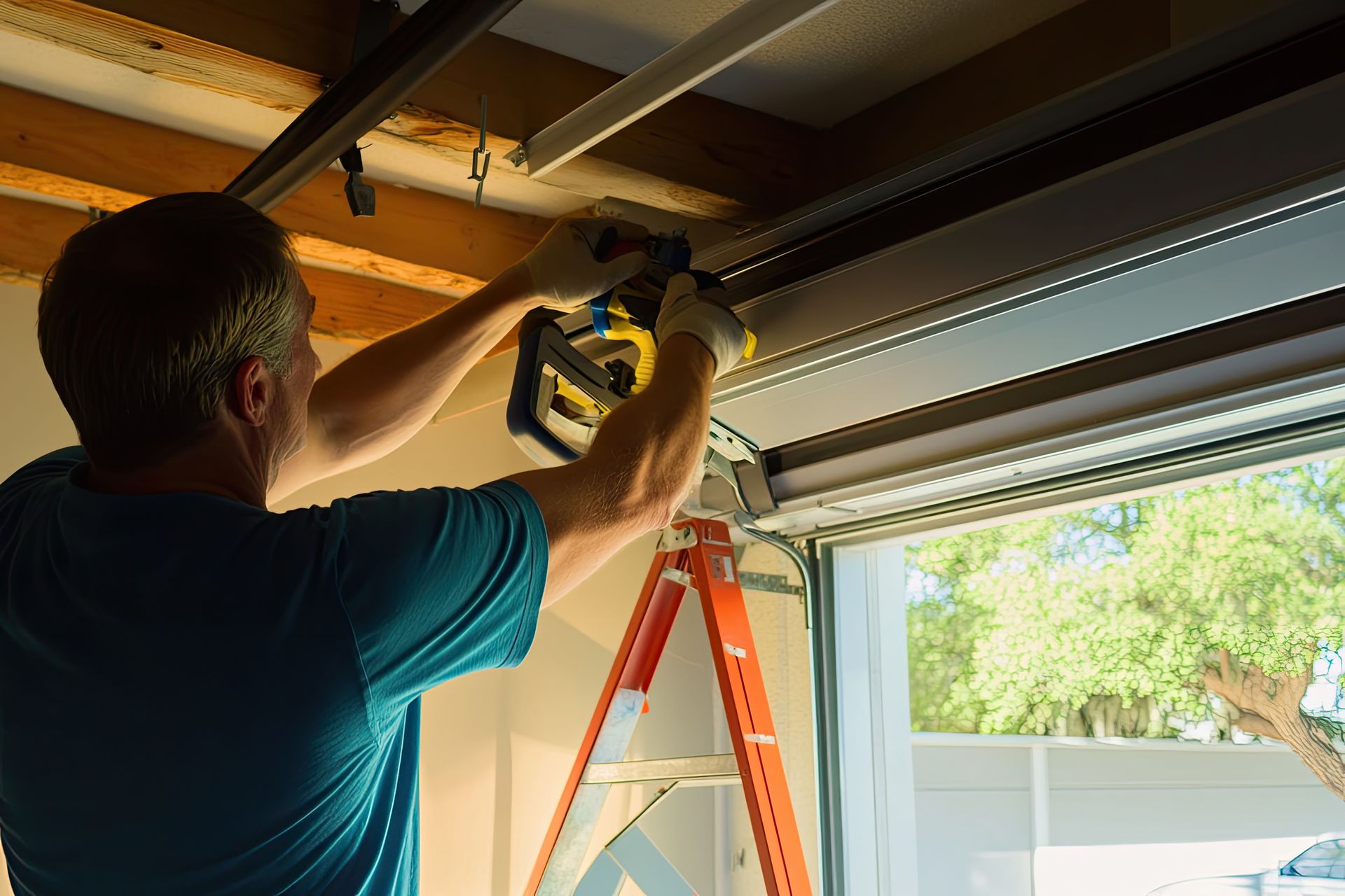 Person using a power drill to install a garage door opener on a ceiling track