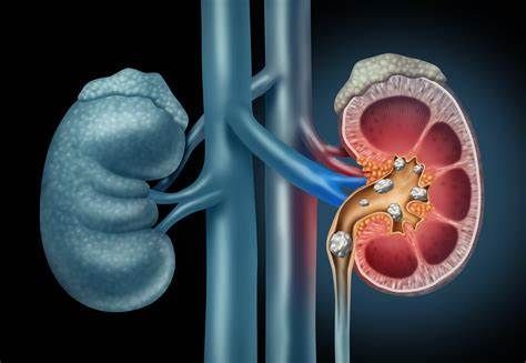 An illustration of a kidney with stones in it.