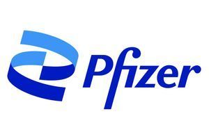 The pfizer logo is blue and white with a blue ribbon.