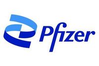 The pfizer logo is blue and white with a blue ribbon.