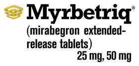The logo for myrbetriq mirabegron extended release tablets.