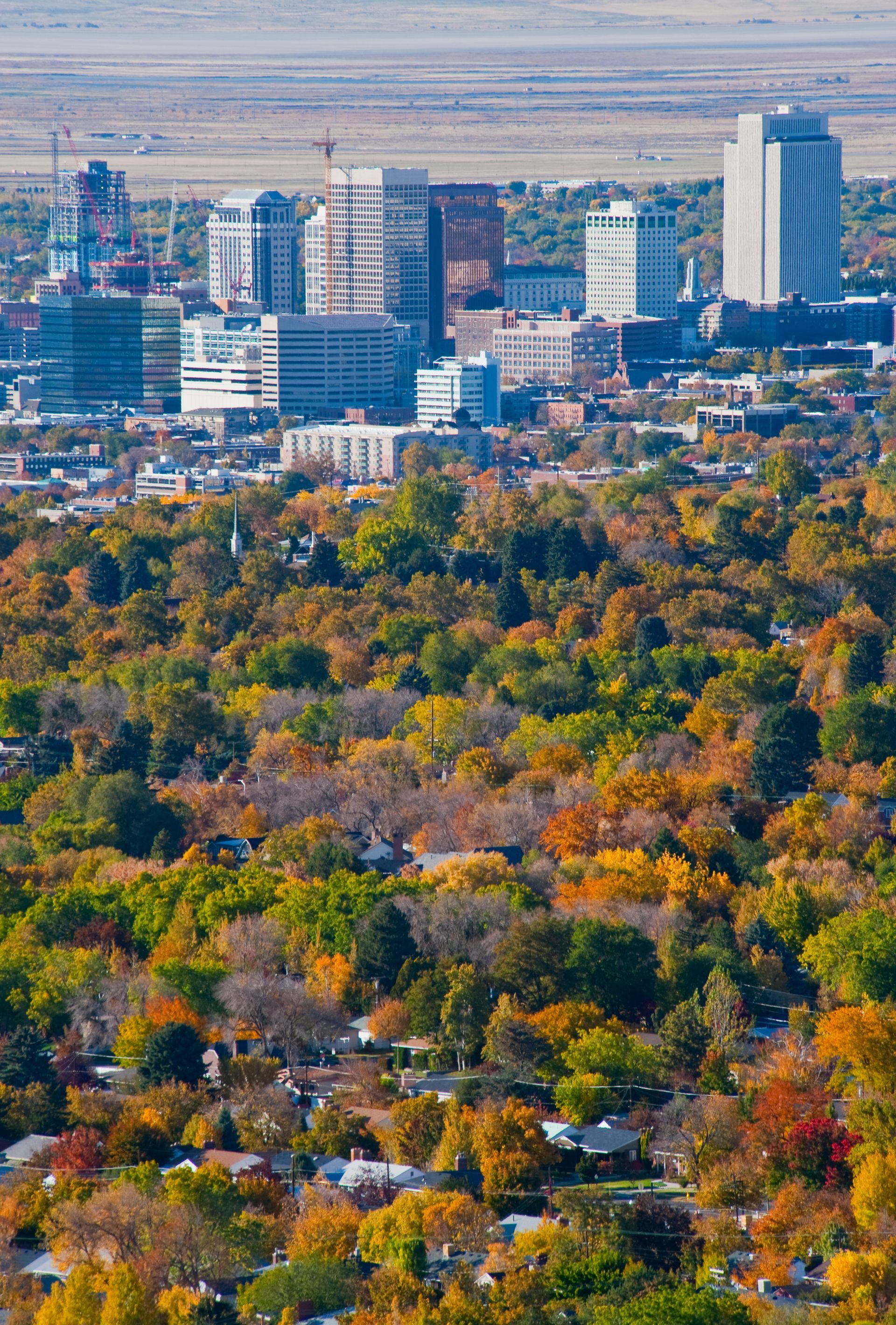 Downtown Salt Lake City skyline with fall foliage.