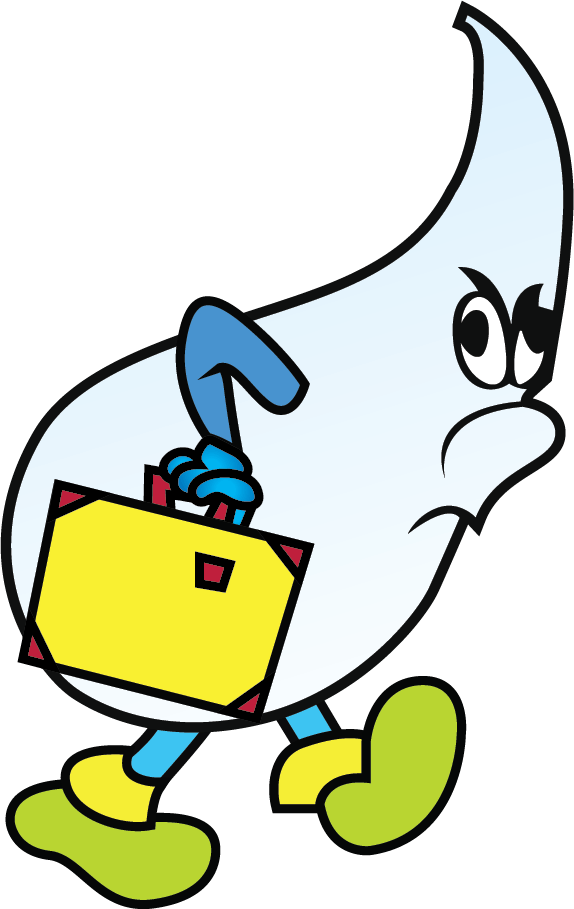 A light blue, cartoon water drop character with an angry expression carries a yellow briefcase while walking.