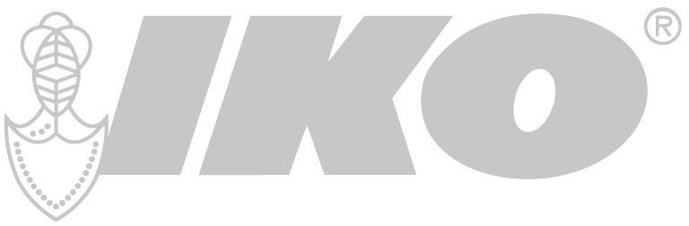The IKO logo featuring a stylized white emblem to the left of the gray, bold, italicized text