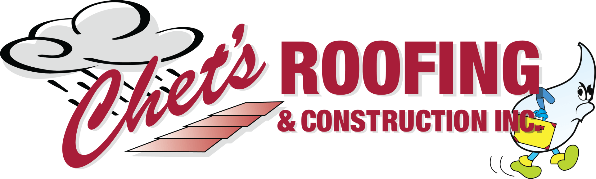 Logo for Chet's Roofing & Construction Inc. featuring a rain cloud, red roofing tiles, and a cartoon raindrop character.
