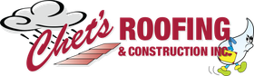 Logo for Chet's Roofing & Construction Inc. featuring a rain cloud, red roofing tiles, and a cartoon raindrop character.