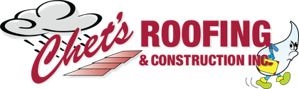 Logo for Chet's Roofing & Construction Inc. featuring a rain cloud, red roofing tiles, and a cartoon raindrop character.