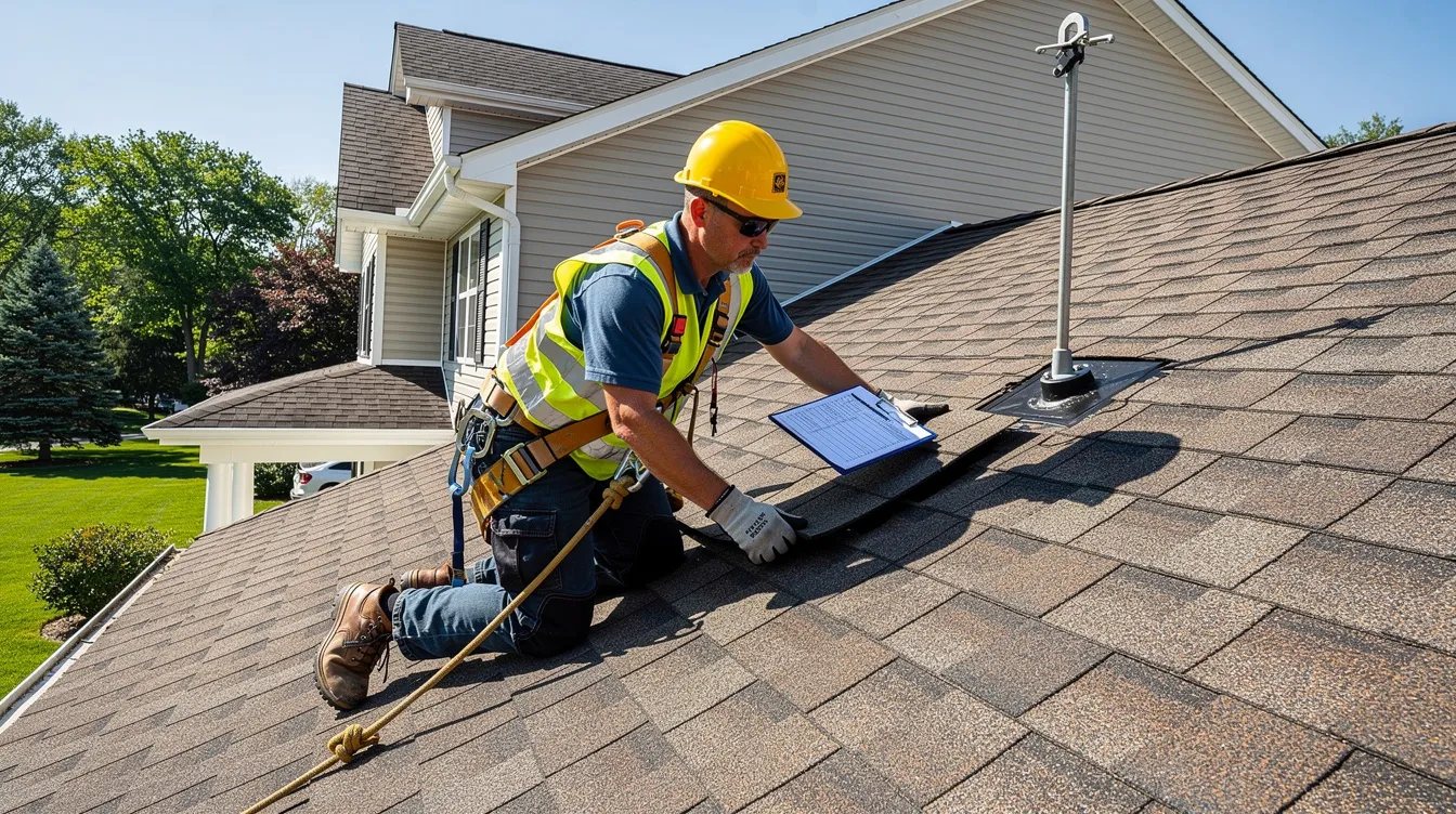 Roofing worker in yellow hard hat repairs shingles on a house roof with tools and a tablet.
