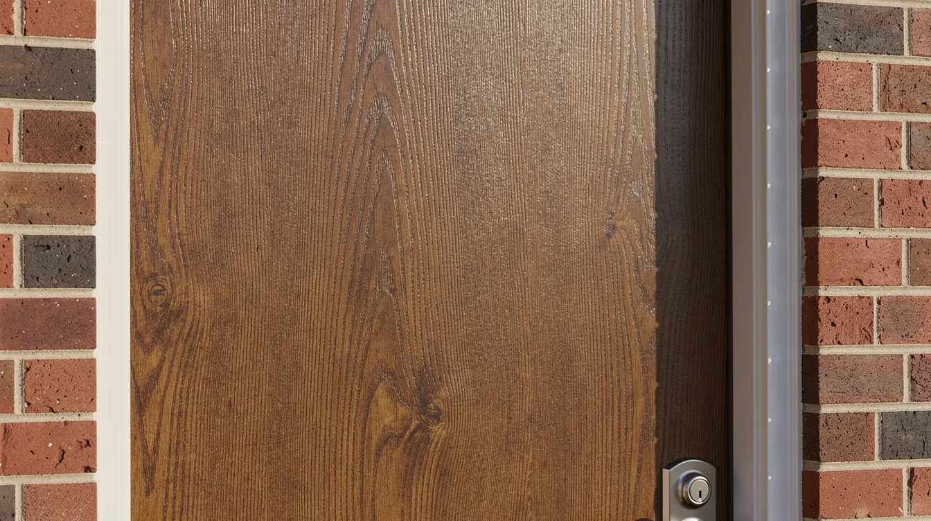 Close-up of a wooden door with a silver handle, framed by red brick walls
