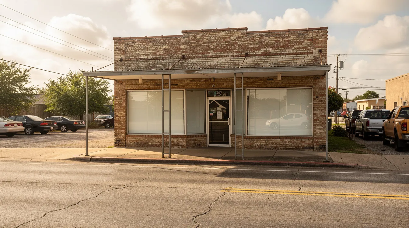 The image depicts a typical storefront in Jefferson County, TX, featuring large glass automatic sliding doors that serve as the main entrance. The building's facade is modern and inviting, showcasing a clean and well-maintained appearance, ideal for retail businesses.