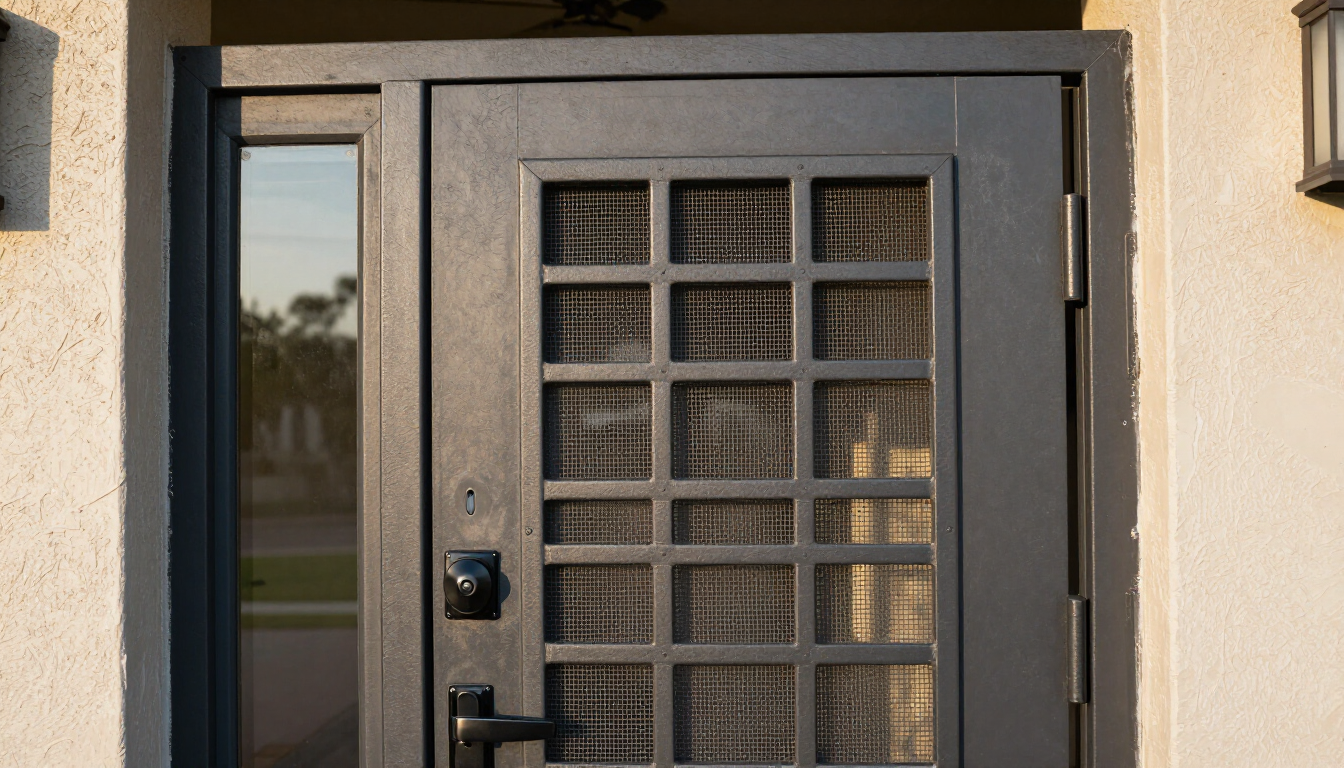 Gray front door with a glass panel and black handle on a stucco exterior wall