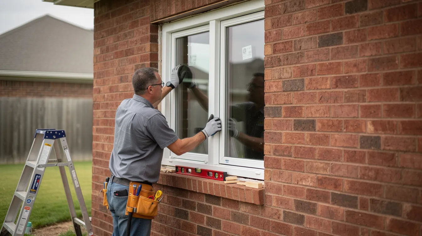 An installer is carefully placing a replacement window into the opening of a brick home, ensuring a secure fit for optimal energy efficiency and performance. The window features a stylish double hung design, made from durable vinyl materials, enhancing both the comfort and security of the home.