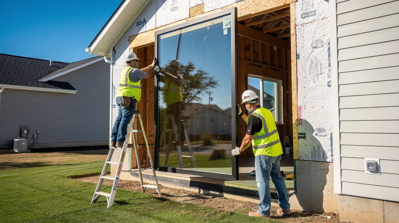 Two workers are carefully installing a large impact resistant window into the exterior of a residential home on a sunny day, ensuring the structural integrity and security of the home against potential storms. The window features laminated glass to protect against harmful UV rays and improve energy efficiency, making it a smart choice for homeowners in high velocity hurricane zones.