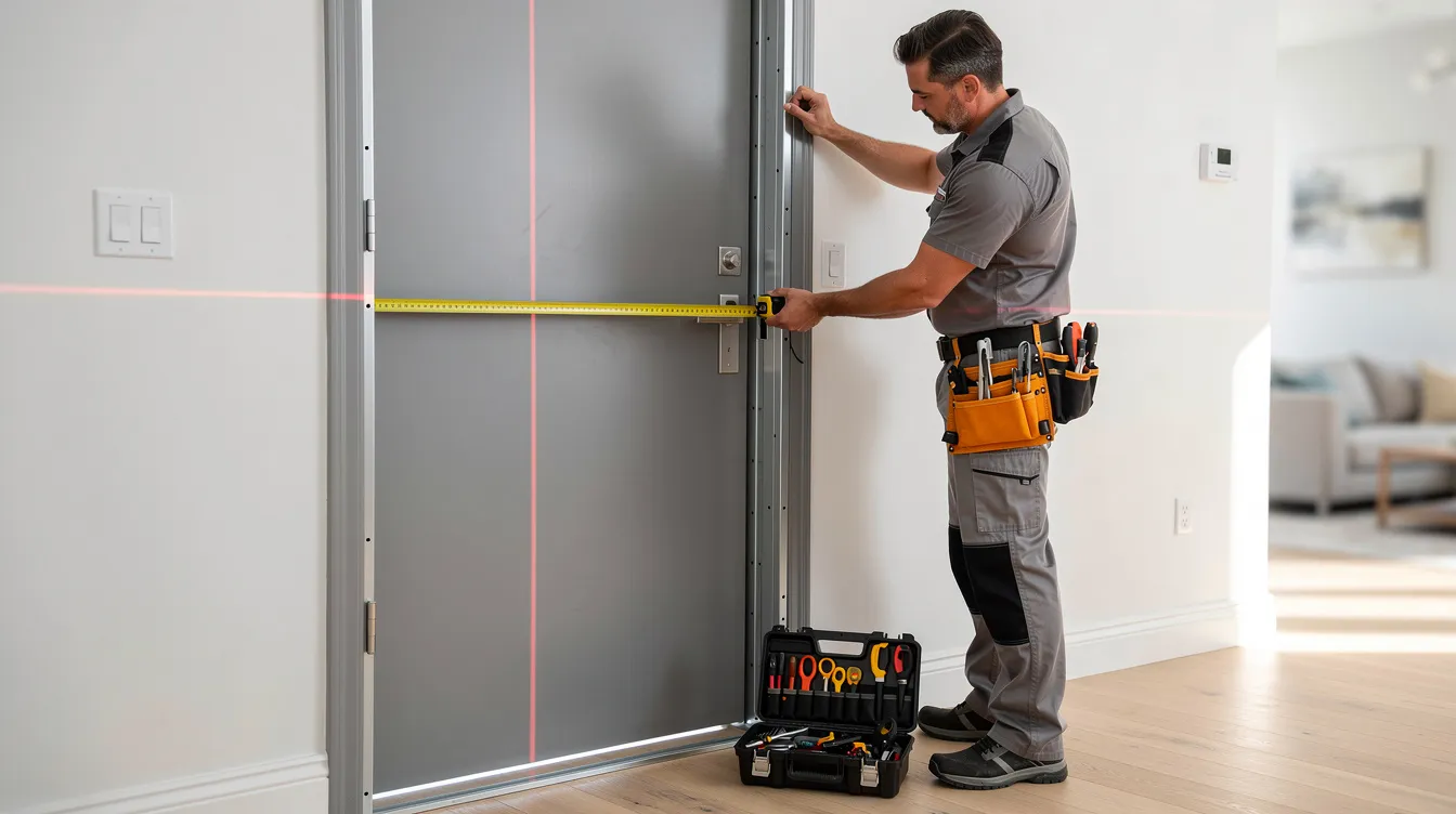 A professional installer is measuring the steel door frame in a residential home, ensuring the precise fit for a hollow metal door. The installer is focused on the dimensions to guarantee quality and security, which is essential for building owners and contractors in construction projects.