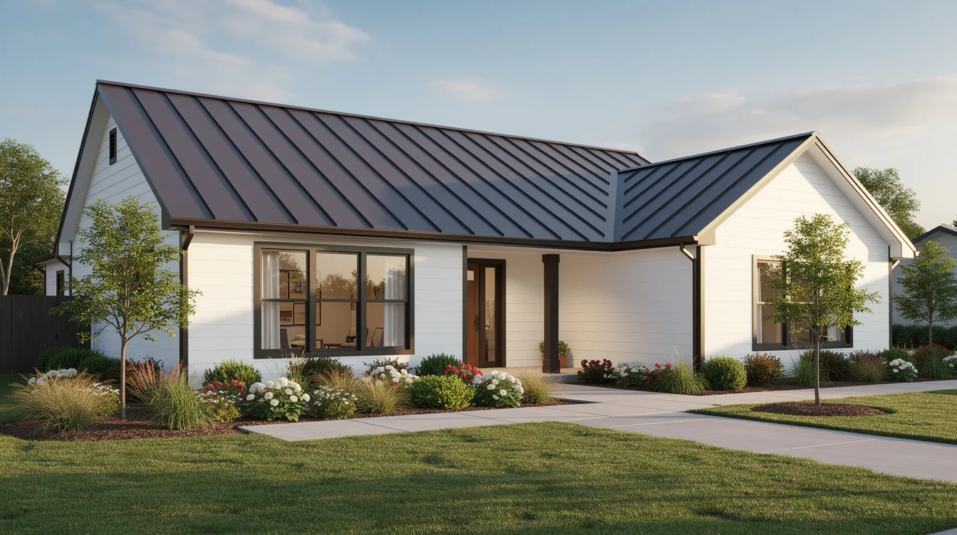 The image depicts a clean residential home with a newly installed metal roof that sits over existing asphalt shingles, showcasing the home's exterior and well-maintained landscaping. The metal roof panels reflect sunlight, highlighting their energy efficiency and aesthetic appeal.