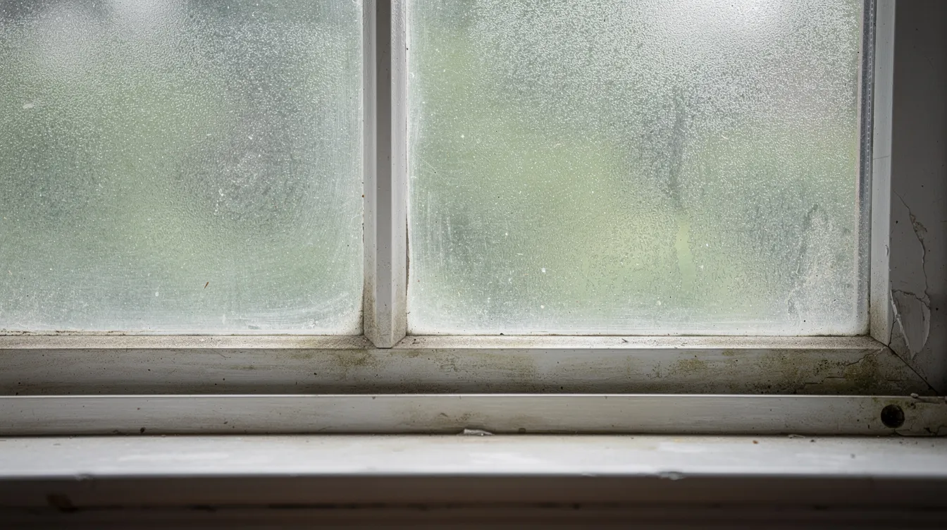 The image shows a double-pane window with visible condensation trapped between the panes, indicating humidity issues in a home. This situation may require professional window repair services to address window damage and enhance energy efficiency.