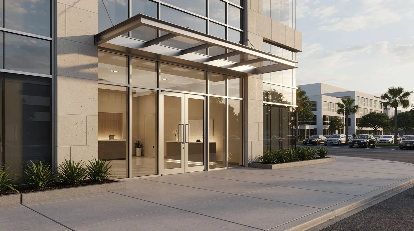 The image shows the entrance of a commercial building in a Southeast Texas business district, featuring sleek automatic sliding glass doors that enhance accessibility for local businesses. This storefront entrance is designed for both automatic and manual door operation, reflecting modern security and convenience in commercial properties.
