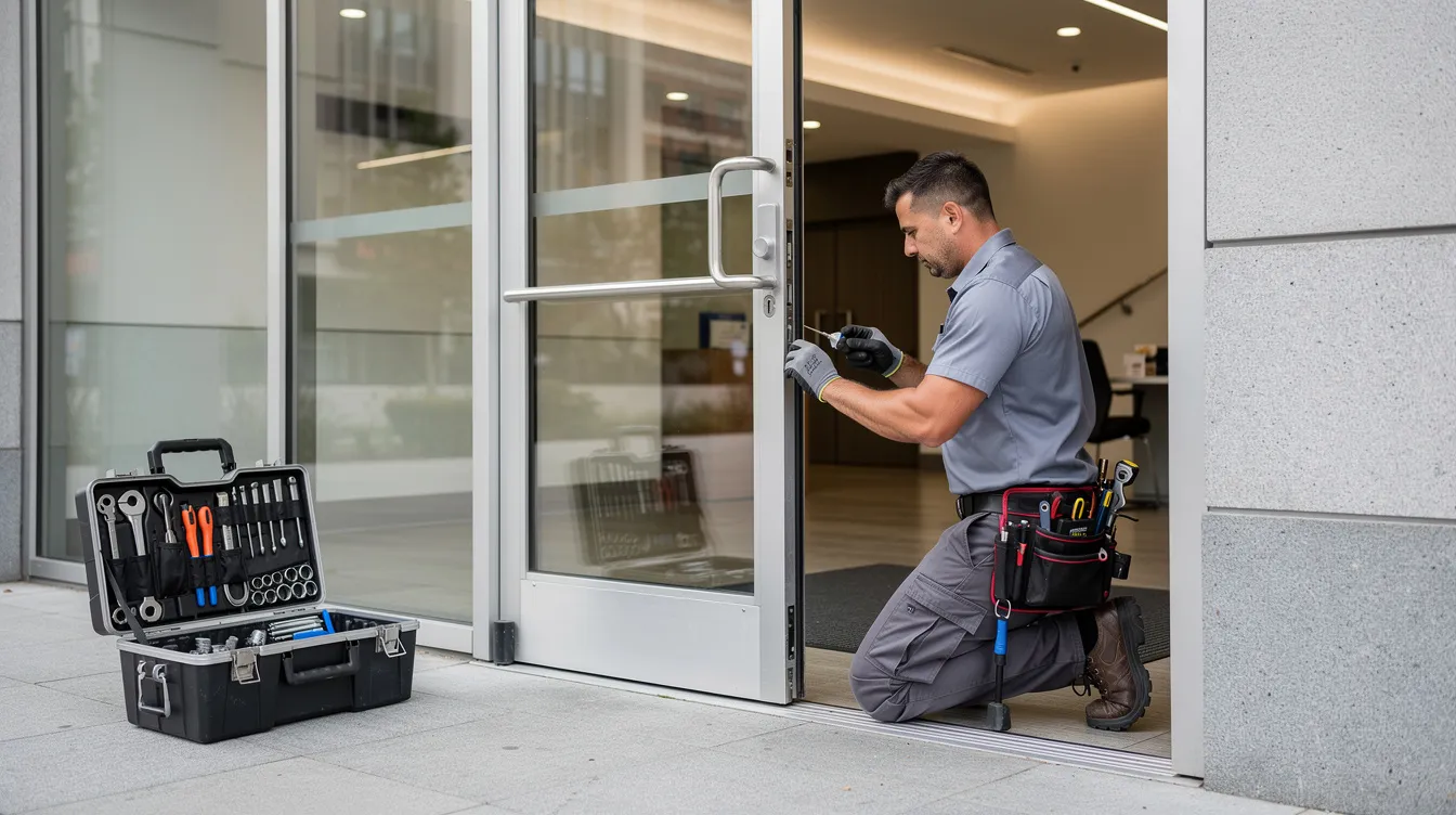 A professional door repairman is seen working on a commercial storefront door, focusing on the door's hardware and mechanisms. The technician is equipped with tools, ensuring that the automatic sliding doors are functioning properly for local businesses and retail stores.