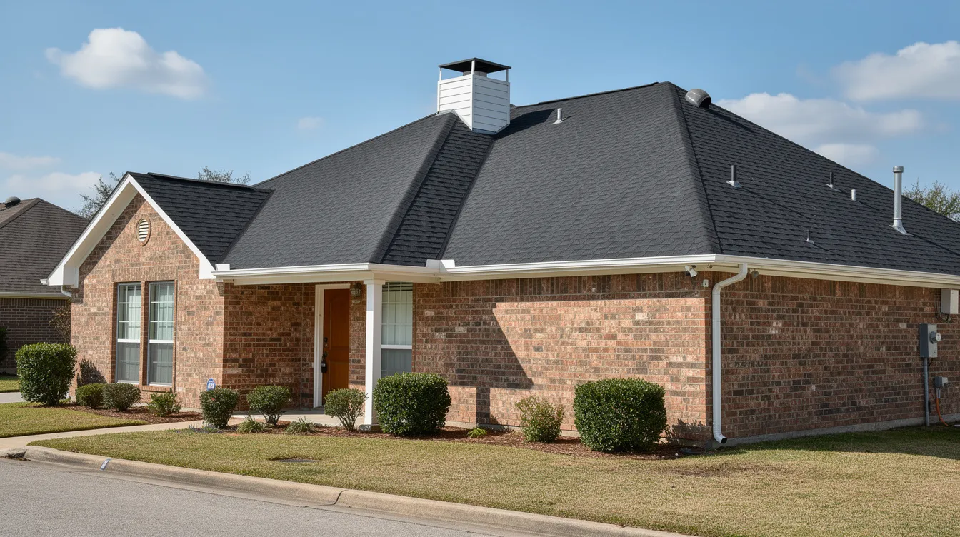The image showcases a commercial roof in Southeast Texas, featuring a modern installation of asphalt shingles designed for durability and wind resistance. The roofing shingles are arranged in a layered pattern, demonstrating their effectiveness in protecting against severe weather elements such as rain and high winds.