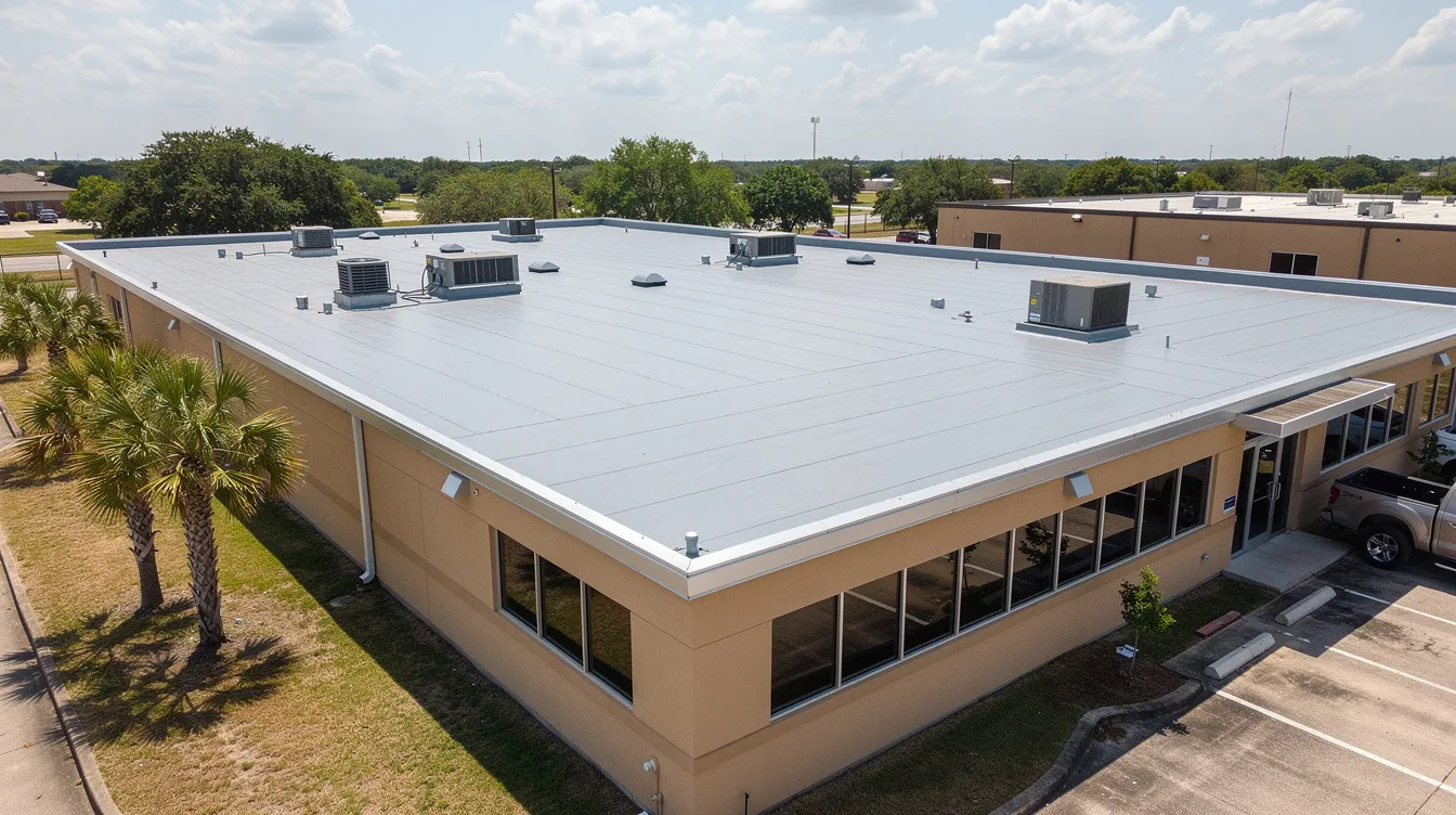 The image depicts a building in Southeast Texas featuring a flat torch down roofing system, showcasing a smooth cap sheet made of modified bitumen roofing material. The roofing membrane is designed for water resistance and energy efficiency, highlighting the installation process of this durable roofing solution.