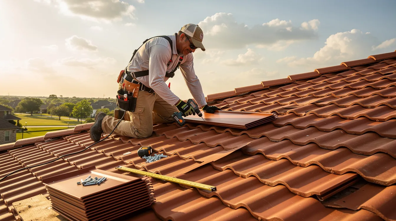 A contractor is seen working on a typical building in Southeast Texas, installing metal barrel tile roofing, which is known for its durability and weather resistance. The roofing features a classic look with traditional clay tiles, providing excellent energy efficiency and curb appeal.