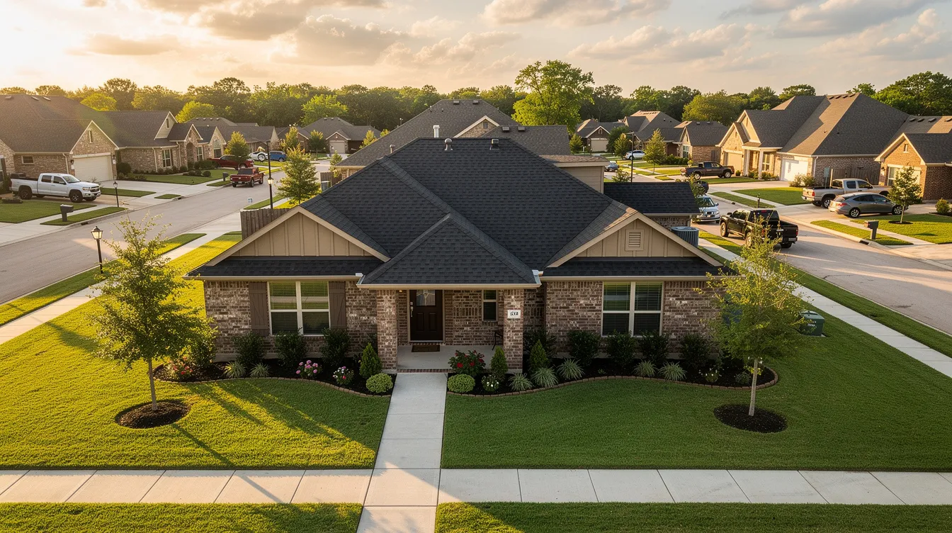 Single-story brick suburban house with a dark roof and manicured lawn at sunset