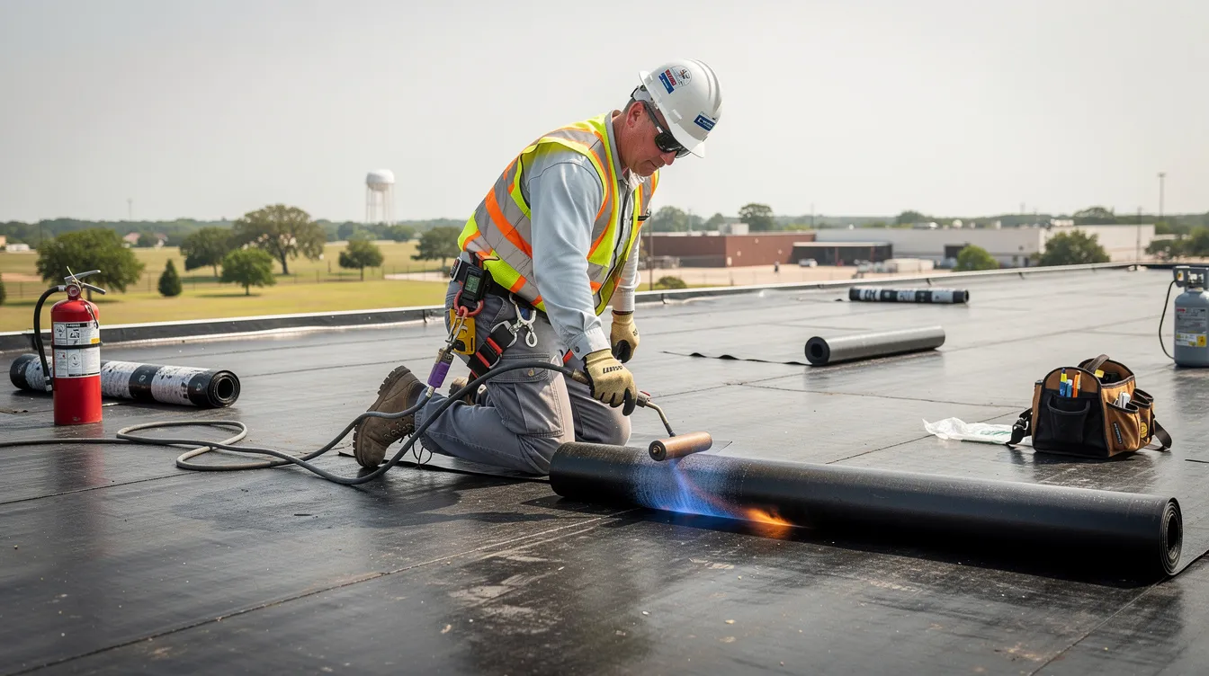 A roofing contractor is seen working on a flat roof in Southeast Texas, utilizing a propane torch to install modified bitumen roofing material as part of a torch down roofing system. The contractor focuses on creating a watertight seal with the roofing membrane layers, ensuring the roof's energy efficiency and durability against water damage.