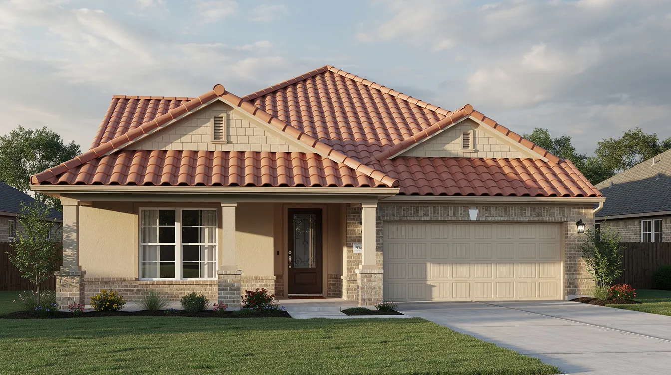 The image depicts a typical home in Southeast Texas featuring a classic metal barrel tile roofing, showcasing its durability and weather resistance. The roof's energy-efficient design and earthy tones enhance the home's curb appeal, making it a popular choice among homeowners in the region.