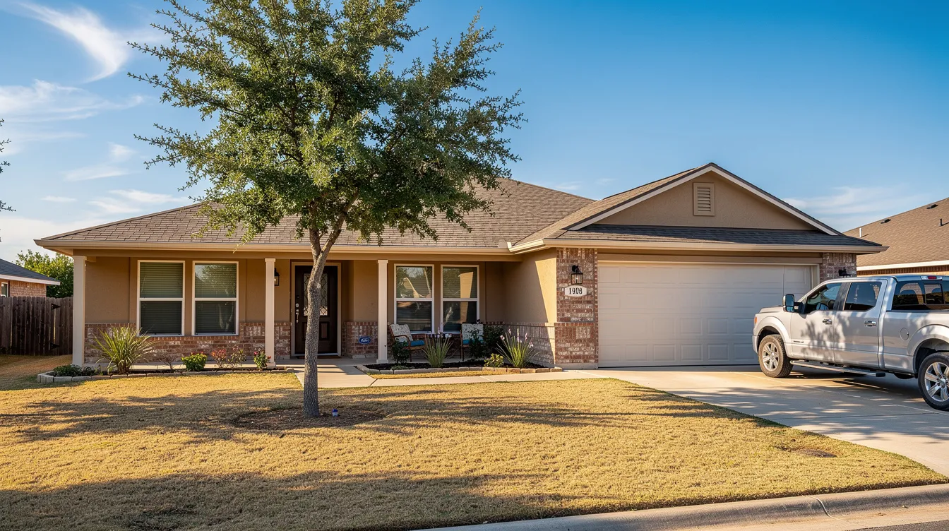 The image depicts a typical Southwest Texas family home, showcasing a charming exterior with a welcoming front porch and vibrant landscaping. This residence may benefit from professional window repair services, such as glass replacement or window hardware repair, to enhance its aesthetic appeal and energy efficiency.
