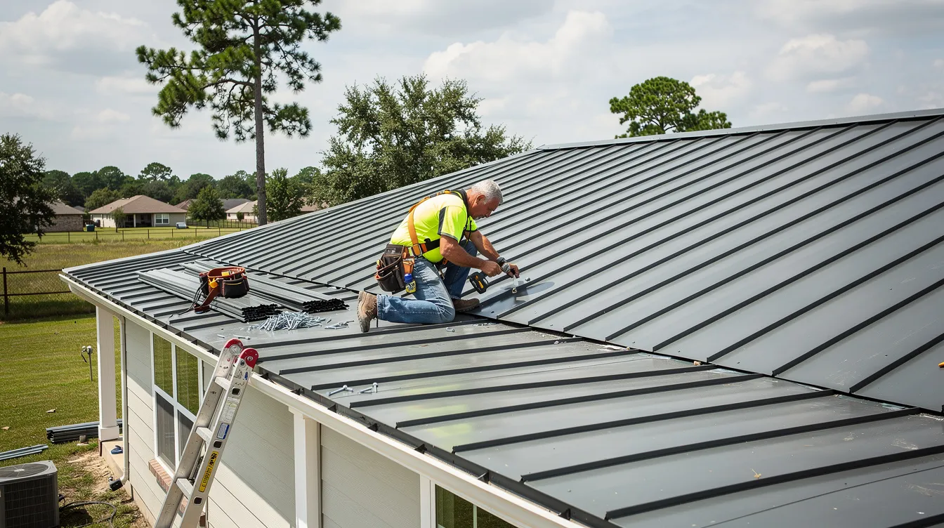 A contractor is working on a residential metal roof, installing durable corrugated metal panels on a house in southeast Texas. The image showcases the modern roofing materials designed to withstand high winds and hail, emphasizing the minimal maintenance and longevity of metal roofing.